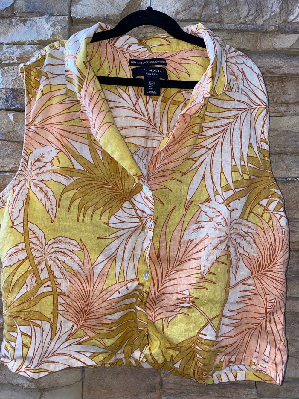 Tahari 100% Linen Yellow and Peach Tropical Palm Print Sleeveless Blouse Large